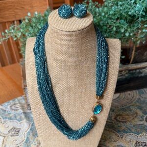 Teal Glass Vintage Beaded Multi-Strand Necklace & Matching Clip-On Earrings Set